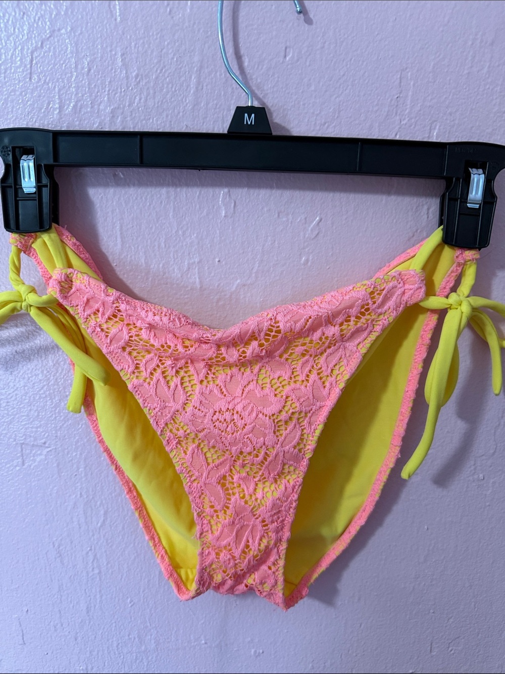 Y2K Victoria's Secret Neon Pink Lace & Bright Yellow Tie-Side Bikini Bottoms - Picture 4 of 6